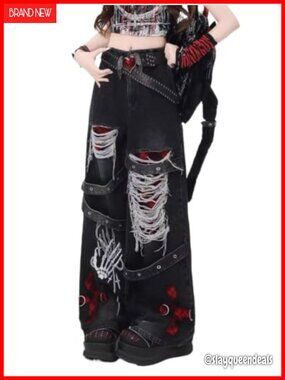 Y2K Gothic Punk High Waist Wide Leg Baggy Distressed Jeans Elastic Waist